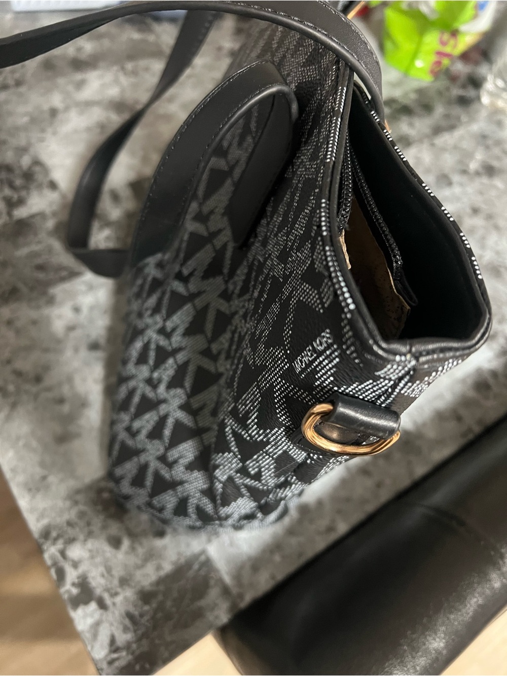 Michael Kors Black Signature Monogram Shoulder Bag with Gold Hardware